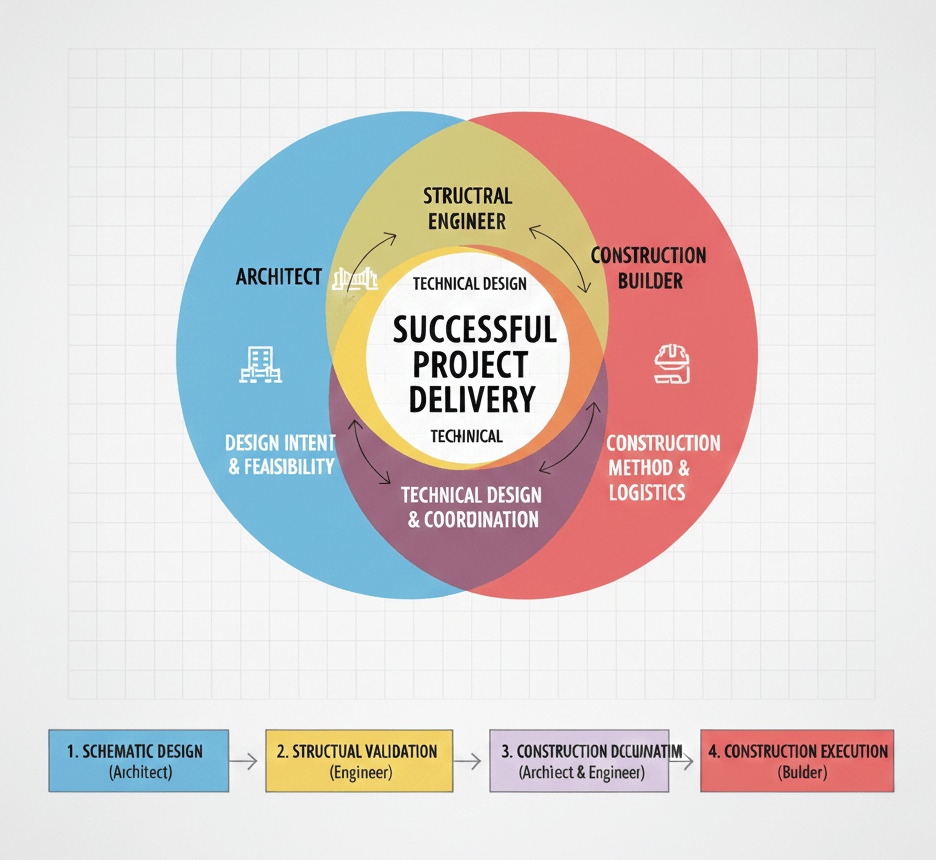 Venn diagram showing roles of architect, structural engineer, and builder
