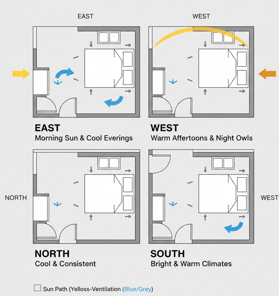 Diagram showing bedroom orientation with cross-ventilation arrows and sun path to optimize airflow and thermal comfort in a residential design