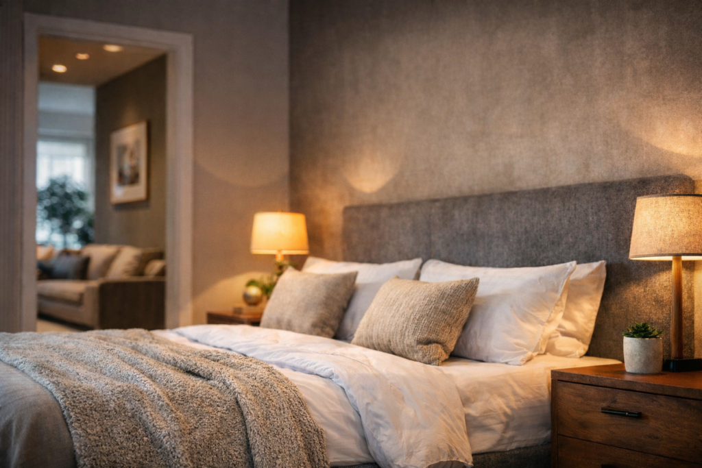 Bedroom positioning in residential design showing a quiet, private, and comfortable layout with natural light and proper zoning for privacy.