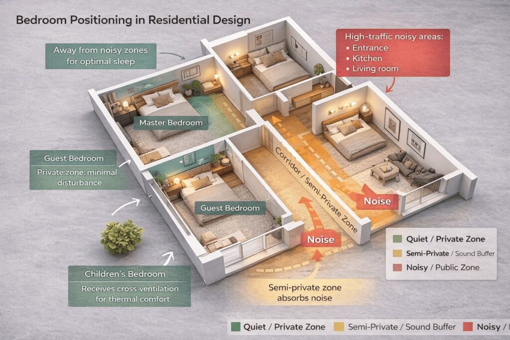 Top-down 3D house floor plan illustrating bedroom positioning in residential design, showing private bedrooms, semi-private corridors, noisy zones, and educational callouts for comfort and privacy.