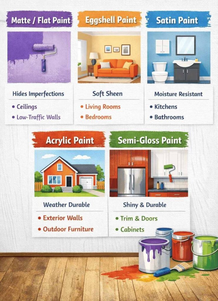 Infographic showing best paint for house interior and exterior including matte, eggshell, satin, acrylic, and semi-gloss finishes and their uses.