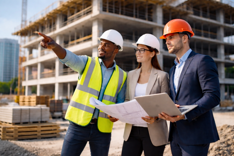 Building professionals on-site reviewing plans and collaborating to ensure safe, efficient, and sustainable construction.
