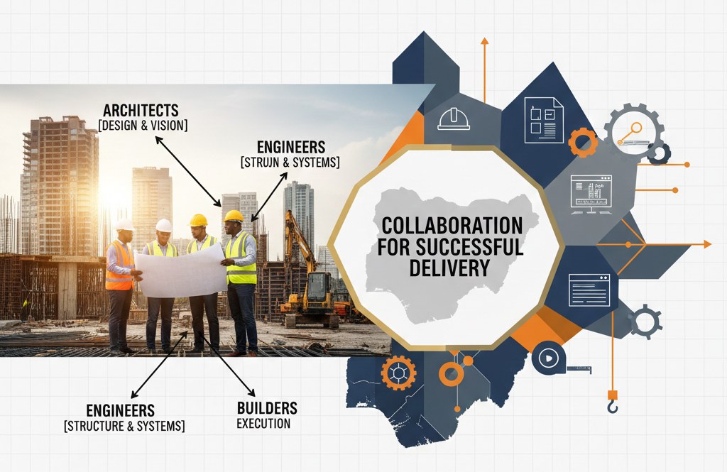 Overview of building professionals in Nigeria working on a construction site