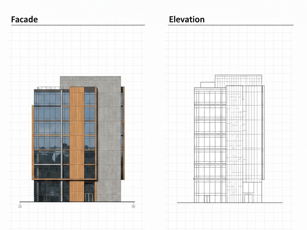 Comparison infographic showing real building facade versus technical elevation drawing