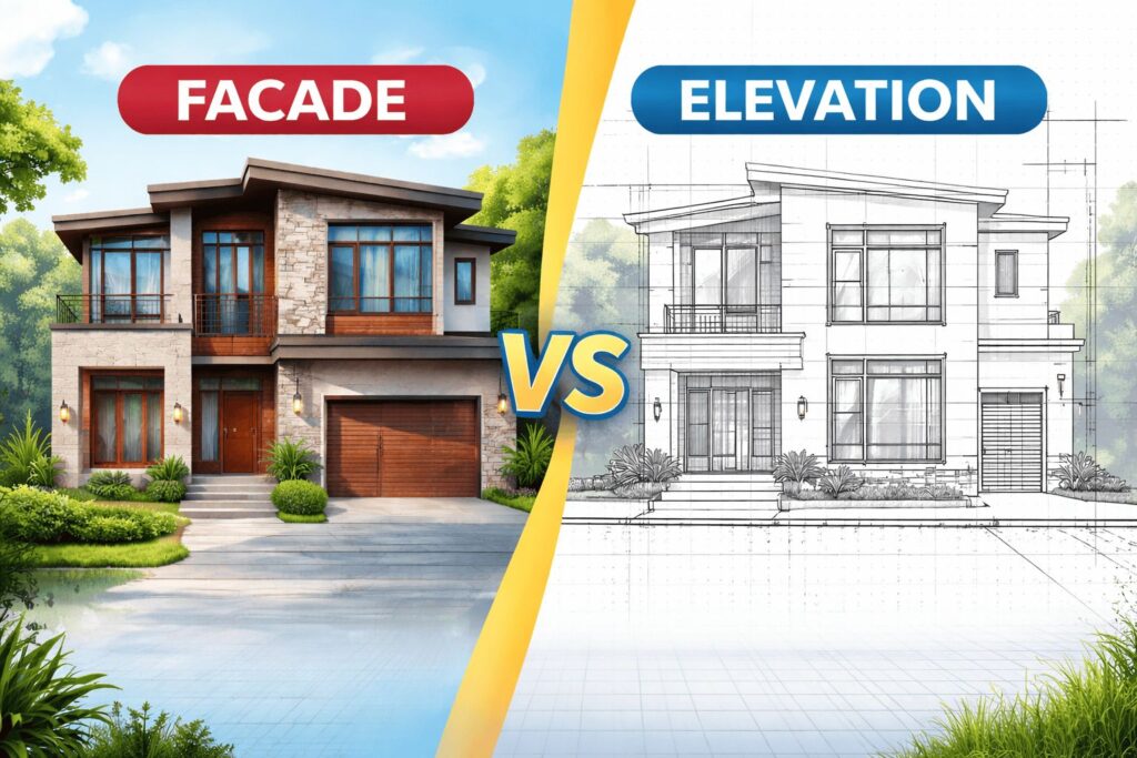 Comparison of a building's facade and elevation in Nigeria, showing the architectural design on the left and the technical elevation drawing on the right.
