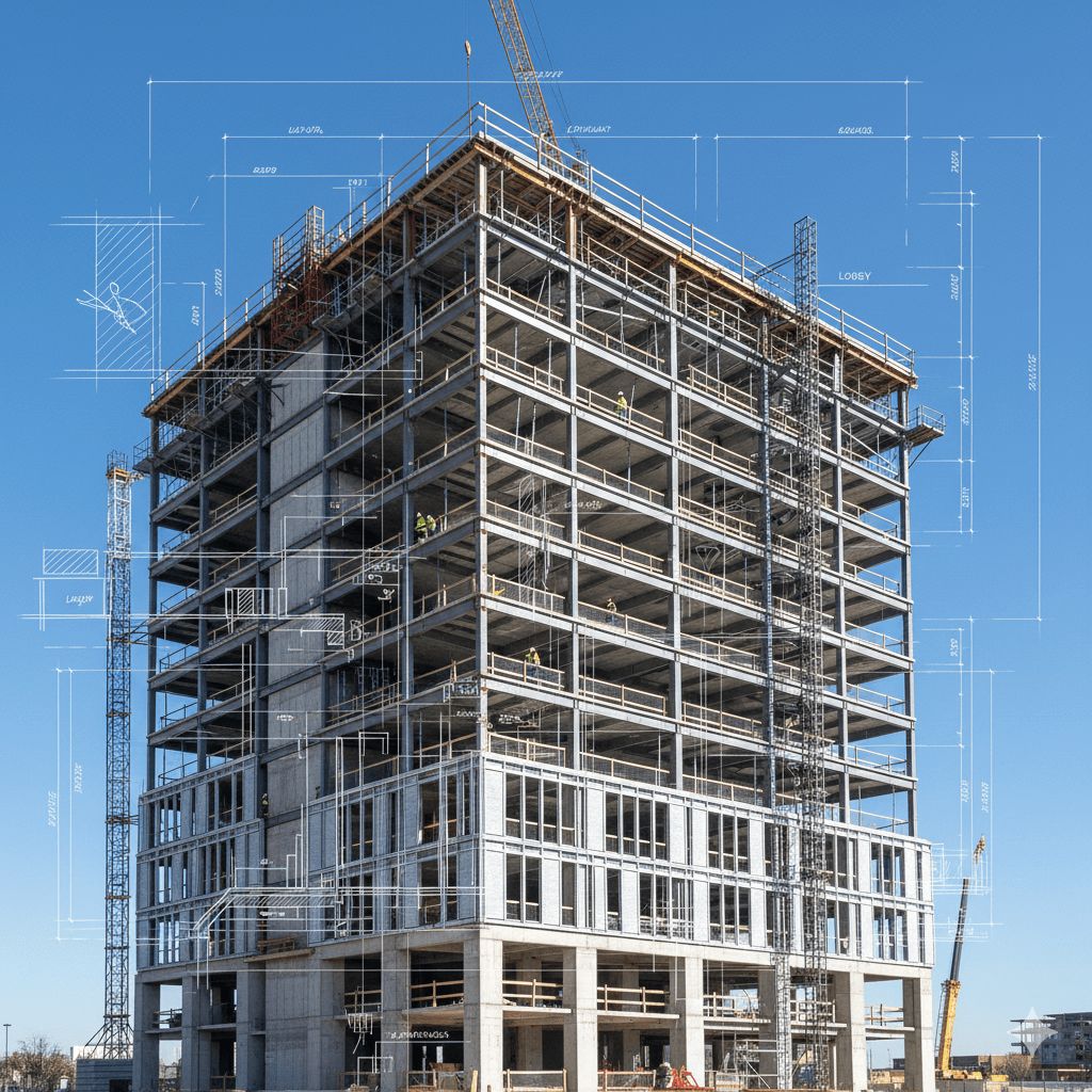 Modern building under construction with blueprint overlay