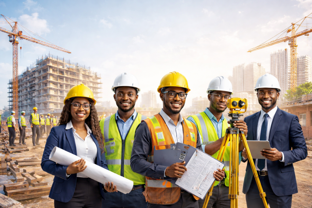 Five Nigerian building professionals, including an architect, civil engineer, quantity surveyor, land surveyor, and project manager at a construction site, collaborating on a building project.