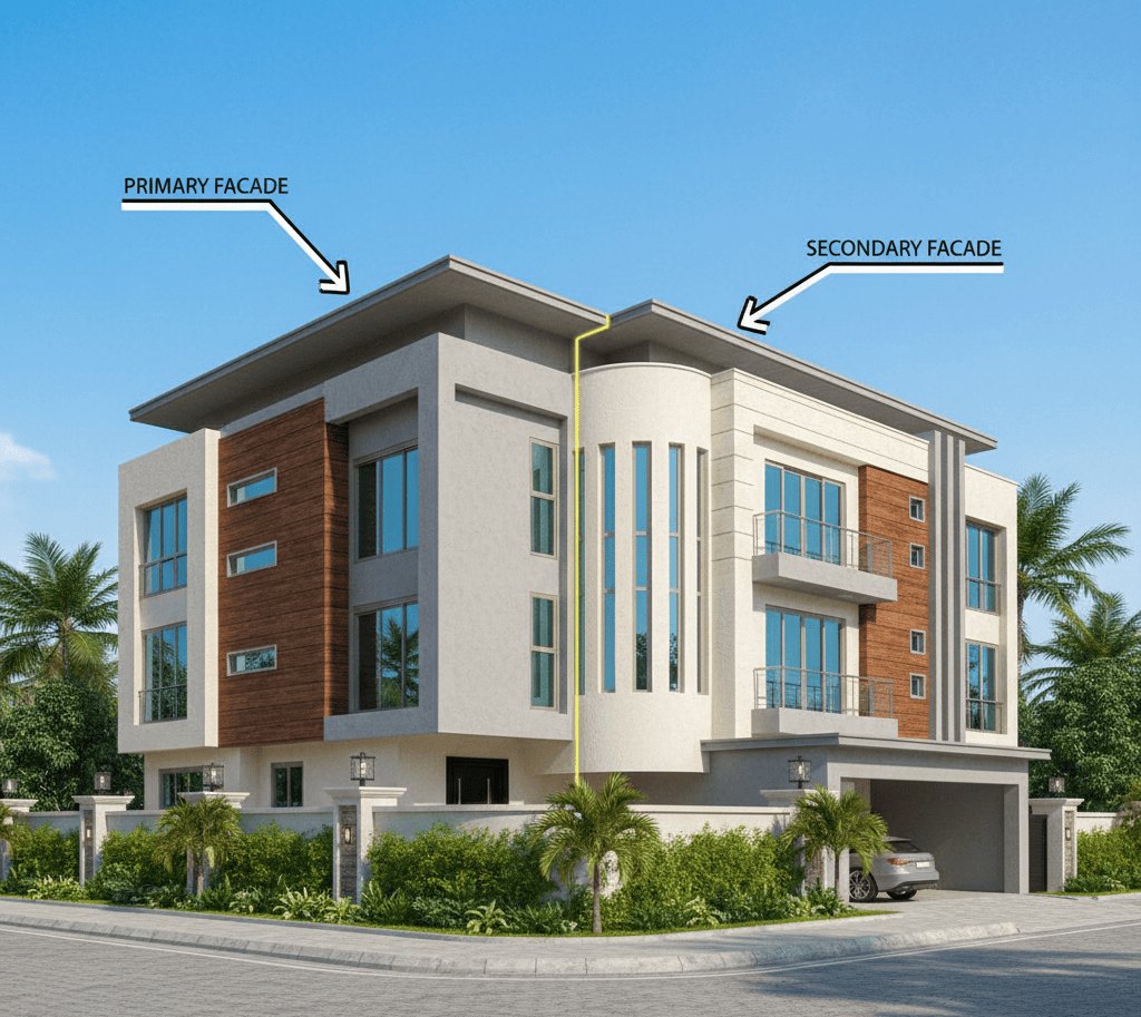 Corner duplex in Nigeria showing multiple facades and design treatment
